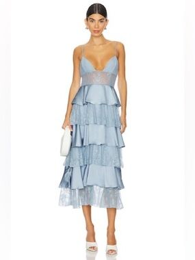 Weworewhat Tiered Lace Midi Dress in Storm